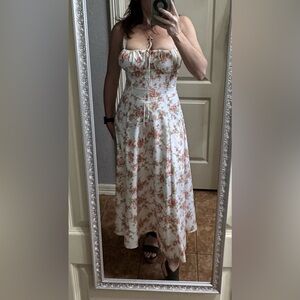 Floral White and Pink Maxi Dress with Boning, Corset Back, Fully Lined